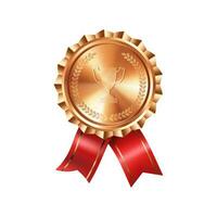 realista bronce premio medalla con rojo cintas y grabado ganador taza. prima Insignia para ganadores y logros foto