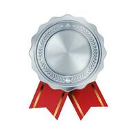 Shiny realistic empty silver award medal with red ribbon rosettes on white background. Symbol of winners and achievements. photo