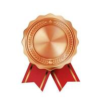 Shiny realistic empty bronze award medal with red ribbon rosettes on white background. Symbol of winners and achievements. photo