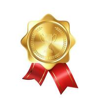 realista oro premio medalla con rojo cintas y grabado del ganador taza. prima Insignia para ganadores y logros foto
