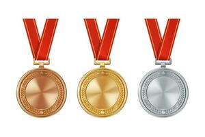 conjunto de realista oro, plata, y bronce vacío medallas en rojo cintas Deportes competencia premios para 1º, 2do, y 3ro lugar. campeonato recompensas para victorias y logros foto