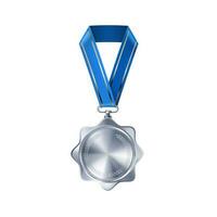 Realistic silver empty medal on blue ribbon. Sports competition awards for second place. Championship reward for victories and achievements photo
