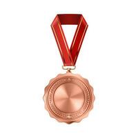 Realistic bronze empty medal on red ribbon. Sports competition awards for third place. Championship reward for victories and achievements photo