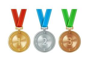 Realistic set of golden, silver, and bronze medals on colorful ribbons. Sports competition awards for 1st, 2nd, and 3rd place. Championship rewards for achievements and victories. photo