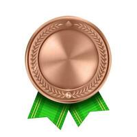 Shiny realistic empty bronze award medal with green ribbons on white background. Symbol of winners and achievements. photo