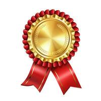 Shiny realistic empty gold award medal with red ribbon rosettes on white background. Symbol of winners and achievements. photo