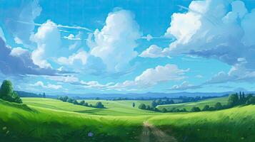 Anime-style artwork of serene pastoral scenes. Fields, clouds, and dirt paths come to life in richly detailed. . photo