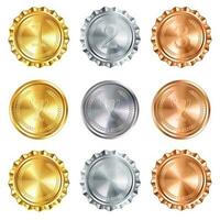 Realistic Vector set of 3D golden, silver, and bronze winner abstract badges with laurel wreaths. Shiny trophy prize design in circle shape collection for champions and outstanding achievements. photo