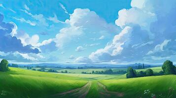 Anime-style artwork of serene pastoral scenes. Fields, clouds, and dirt paths come to life in richly detailed. Generative ai. photo