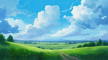 Anime-style artwork of serene pastoral scenes. Fields, clouds, and dirt paths come to life in richly detailed. . photo