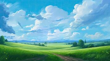 Anime-style artwork of serene pastoral scenes. Fields, clouds, and dirt paths come to life in richly detailed. . photo