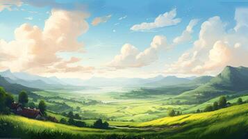 Calming cute rural landscape with fields, pastures and winding roads in a cartoon style. . photo