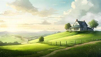 Calming cute rural landscape with fields, pastures and winding roads in a cartoon style. Generative Ai. photo