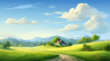 Calming cute rural landscape with fields, pastures and winding roads in a cartoon style. Generative Ai. photo