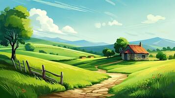 Calming cute rural landscape with fields, pastures and winding roads in a cartoon style. Generative Ai. photo