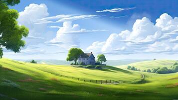 Calming cute rural landscape with fields, pastures and winding roads in a cartoon style. . photo
