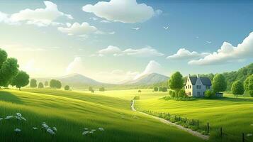 calmante linda rural paisaje con campos, pastos y devanado carreteras en un dibujos animados estilo. generativo ai. foto