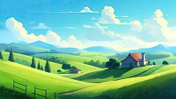 Calming cute rural landscape with fields, pastures and winding roads in a cartoon style. Generative Ai. photo