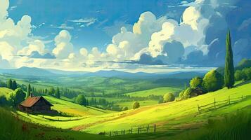 Calming cute rural landscape with fields, pastures and winding roads in a cartoon style. Generative Ai. photo