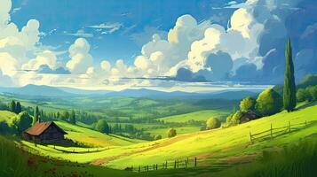 Calming cute rural landscape with fields, pastures and winding roads in a cartoon style. . photo