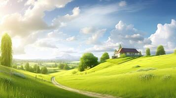 Calming cute rural landscape with fields, pastures and winding roads in a cartoon style. Generative Ai. photo