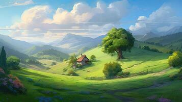 Calming cute rural landscape with fields, pastures and winding roads in a cartoon style. Generative Ai. photo