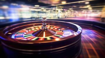 Blurry motion background and spinning roulette. Perfect for casino themes. Vibrant colors and dynamic movement. Generative ai photo