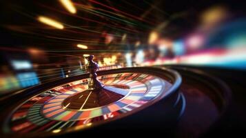 Blurry motion background and spinning roulette. Perfect for casino themes. Vibrant colors and dynamic movement. Generative ai photo