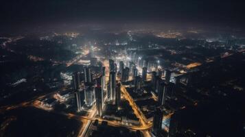 cautivador aéreo ver de un vibrante paisaje urbano a noche, con fascinante movimiento difuminar efecto. centelleo luces, bullicioso calles, y un electrizante la vida nocturna atmósfera. generativo ai. foto