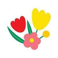 Hand draw close-up view of red flower with yellow tulip and green leaf vector