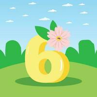 A cartoon number 6 with a floral pink flower nature background vector