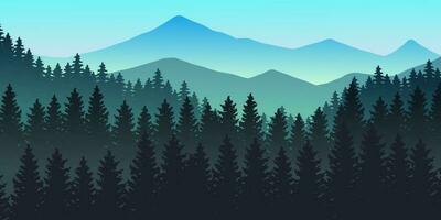 Silhouette of nature landscape. Mountains, forest in background. Blue and green illustration vector