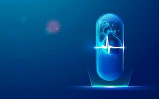 concept of cardiology or heart disease treatment, graphic of transparent capsule pill with human heart inside vector