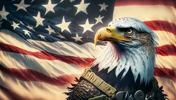 calvo águila vistiendo americano soldado uniforme con americano bandera antecedentes generativo ai foto