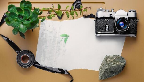 Camera photo with paper tape rocks and plants with a plain colored background