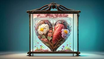 Human heart with floral decoration in glass case photo