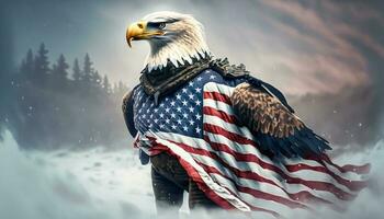 Bald eagle wearing american soldier uniform with american flag background generative ai photo