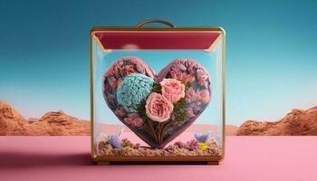 Human heart with floral decoration in glass case photo