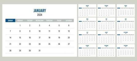 azul y blanco calendario 2024 comienzo en domingo vector
