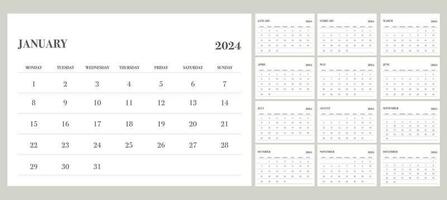 Calendar 2024 with week start from monday, minimalist design vector