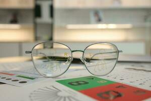 Eyeglass in optical shop, glasses progressive lens photo