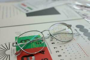 Eyeglass in optical shop, glasses progressive lens photo