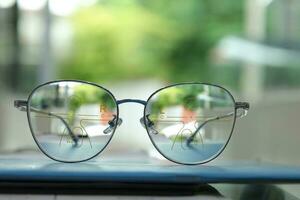 Close-up of glasses, eyeglass progressive lenses photo