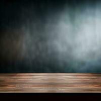 empty wooden table with smoke float up on dark background photo