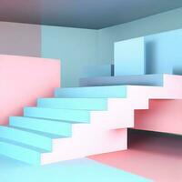 3d render, blue pink stairs, steps, abstract background in pastel colors, fashion podium, minimal scene, primitive architectural blocks, design element photo
