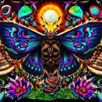 psychedelic, magic mushrooms moth, moon, bells flowers print, tattoo, psy art photo