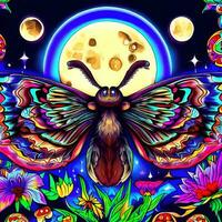 psychedelic, magic mushrooms moth, moon, bells flowers print, tattoo, psy art photo