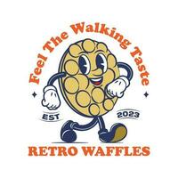 Retro cartoon walking waffles vector illustration, perfect for food store logo and t shirt design