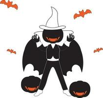 halloween day vector design illustration. Dracula character silhouette with pumpkin head. wearing a wizard's hat. pumpkins and bats. suitable for logos, greeting cards, t-shirt designs, posters.