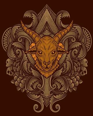 Goat head with antique engraving ornament background